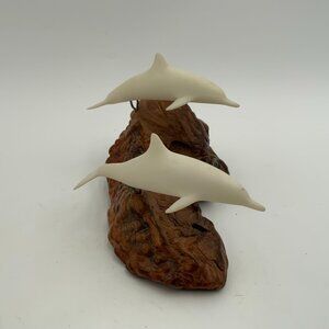 Vintage John Perry 2 Dolphins Sculpture Mounted on Burlwood 6 1/2" Long